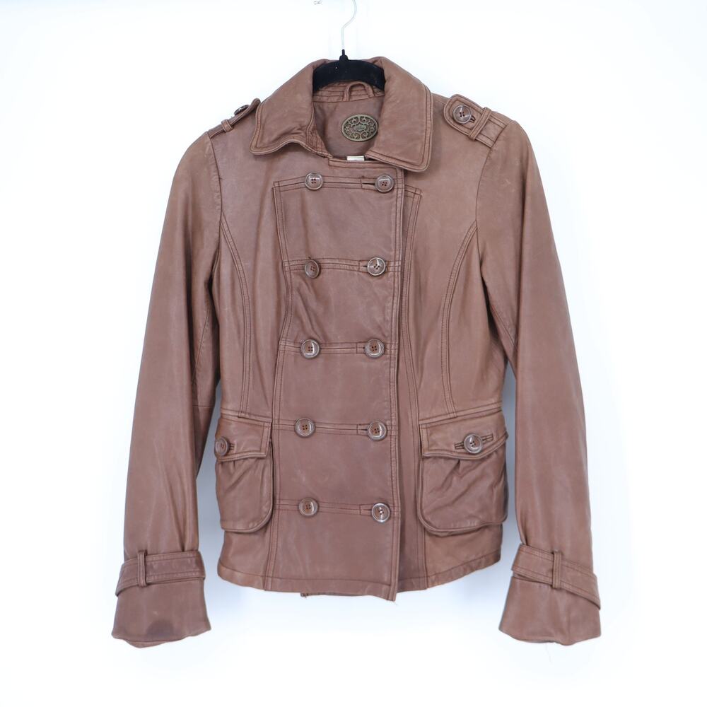 Idra Leather Jacket Brown Double Breasted Waist Length Women's XS
